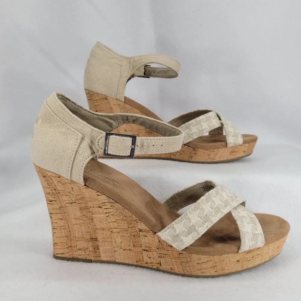 Toms Women Sz 9.5 Natural Woven Cork Platform Wedge Sandal Open Toe Strappy Shoe